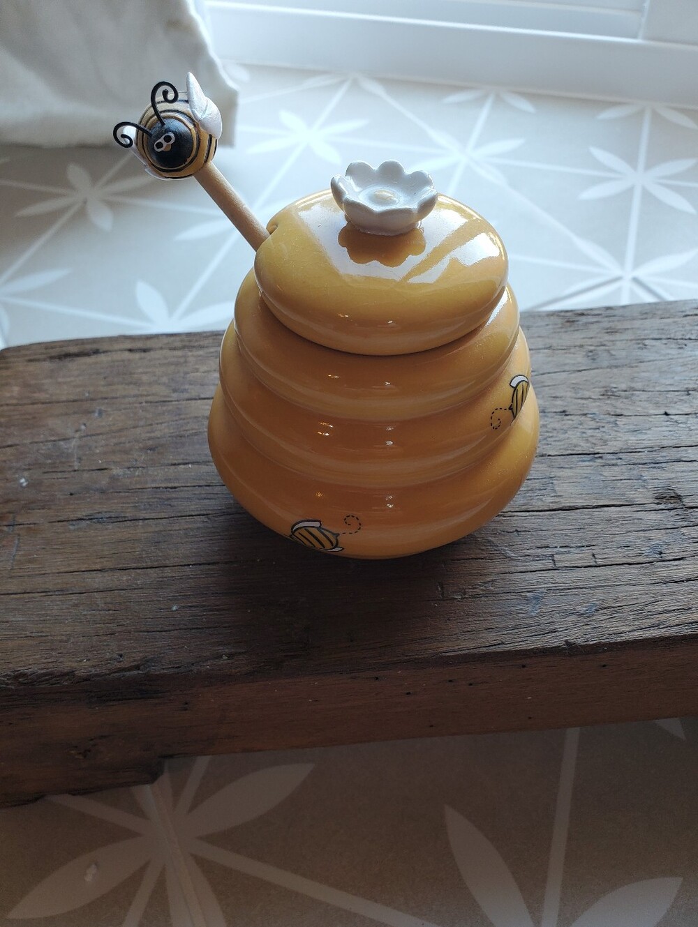 Yellow Bee Hive Ceramic Honey Jar with Wood Dipper